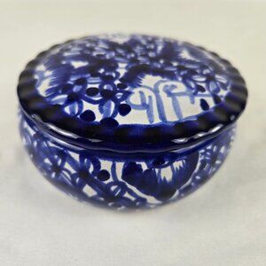 Blue White Trinket Box w/Lid Signed Castillo Hand Made in Mexico Glazed Pottery